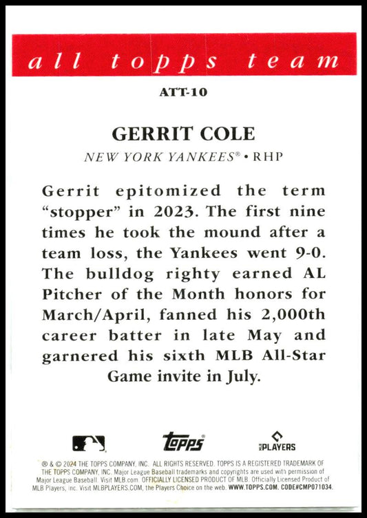 2024 Topps 2023 All Topps Team #ATT-10 Gerrit Cole New York Yankees