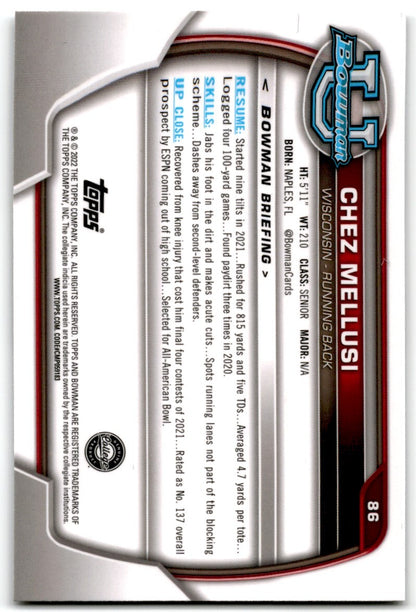2022 bowman chrome university chez mellus Wisconsin Badgers #86