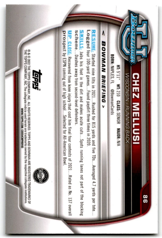2022 bowman chrome university chez mellus Wisconsin Badgers #86