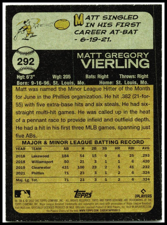 2022 Topps Heritage #292 Matt Vierling Rookie Philadelphia Phillies