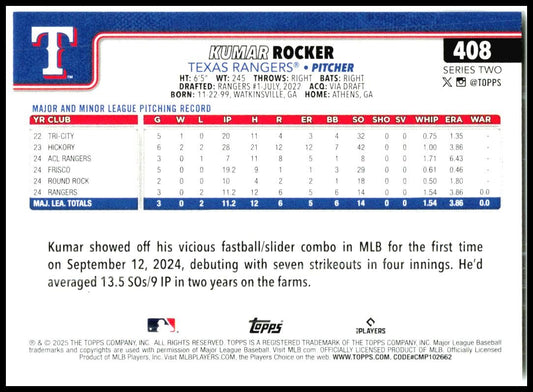 2025 Topps #408 Kumar Rocker Rookie Texas Rangers