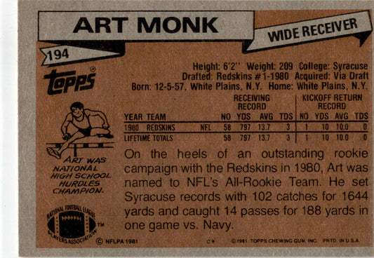 1981 Topps #194 Art Monk Rookie Washington Redskins