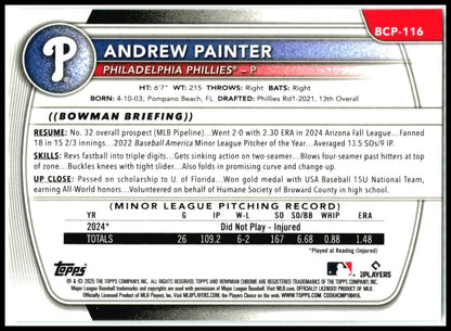 2025 Bowman Chrome Prospects #BCP-116 Andrew Painter Philadelphia Phillies