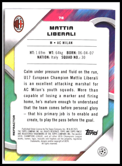 Mattia Liberali #78 2024-25 Finest UEFA Club Competitions Refractor Rookie RC