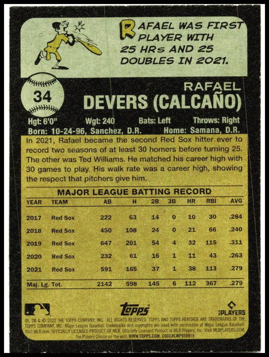 2022 Topps Heritage #34 Rafael Devers Boston Red Sox
