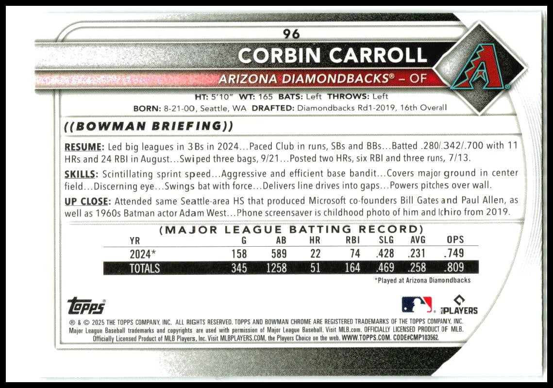 2025 Bowman Chrome Mojo Refractor #96 Corbin Carroll Arizona Diamondbacks