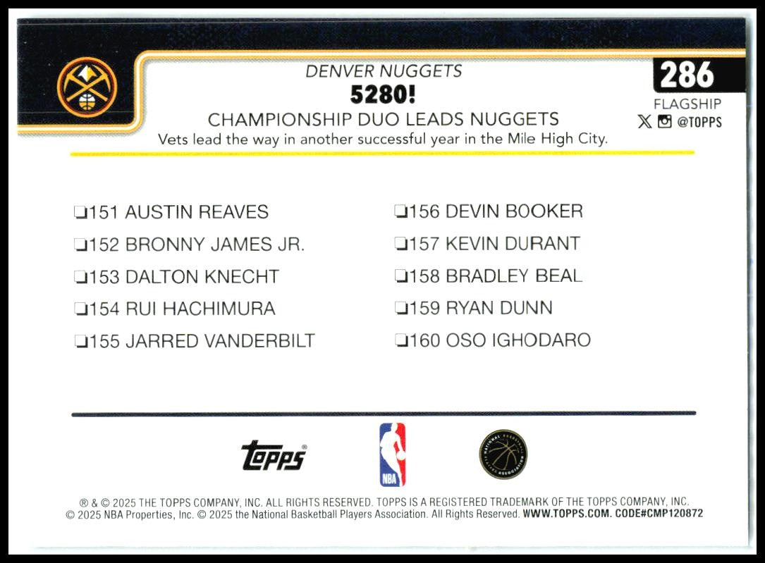 2025-26 Topps Sandglitter #286 5280!: Championship Duo Leads Nuggets Denver