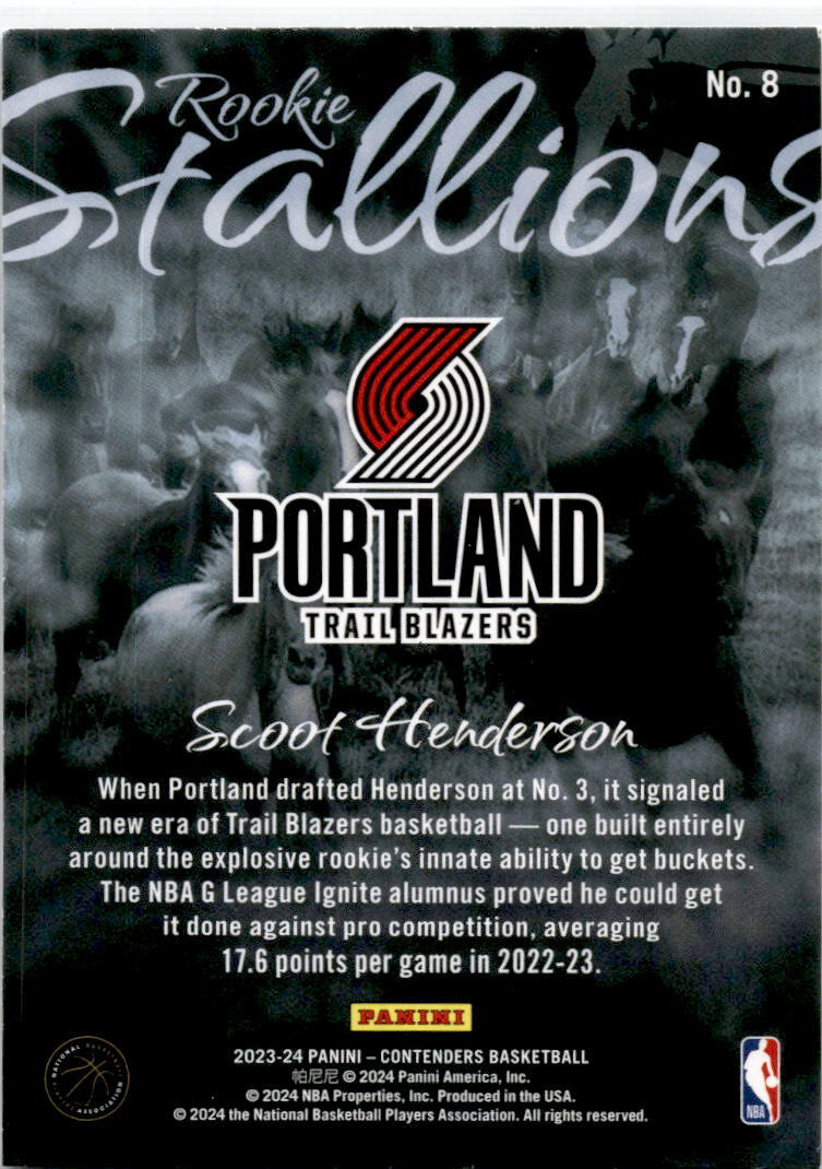 2023-24 Contenders Rookie Stallions #8 Scoot Henderson Portland Trail Blazers