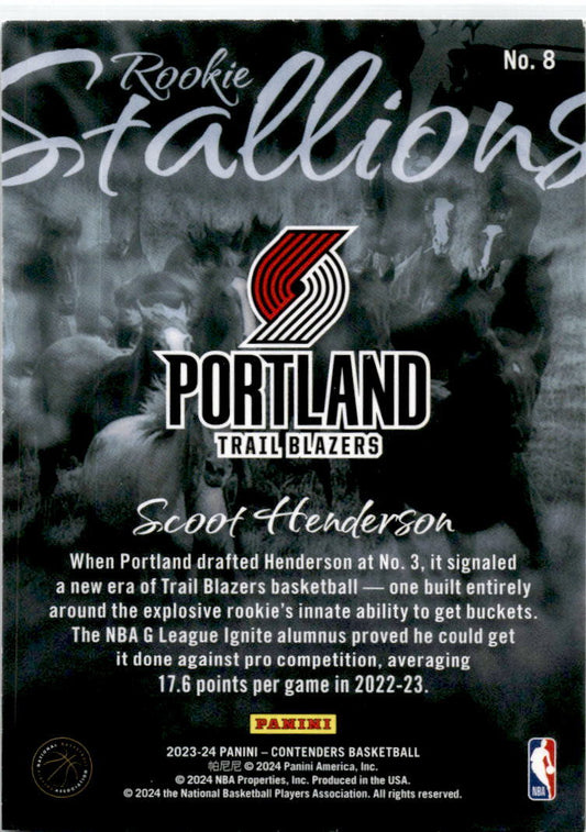 2023-24 Contenders Rookie Stallions #8 Scoot Henderson Portland Trail Blazers