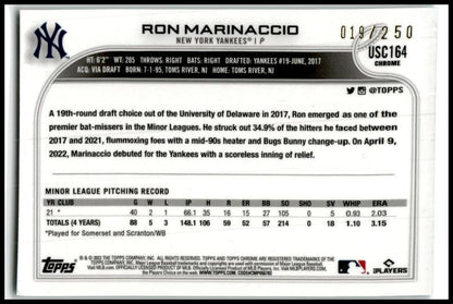 2022 Topps Update Aqua Refractor #/250 #US165 Ron Marinaccio Rookie Yankees