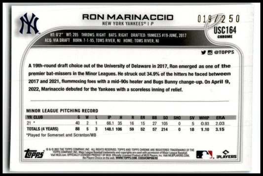 2022 Topps Update Aqua Refractor #/250 #US165 Ron Marinaccio Rookie Yankees