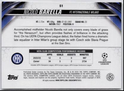 2023-24 Topps Chrome UEFA Club Competitions #51 Nicolò Barella
