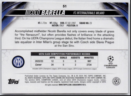2023-24 Topps Chrome UEFA Club Competitions #51 Nicolò Barella