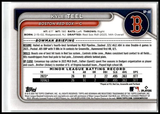 2024 Bowman Prospects #BP-48 Kyle Teel Boston Red Sox