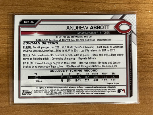 2021 Bowman Draft Auto Blue Wave Refractor #CDA-AA Andrew Abbott Auto #/150 Reds
