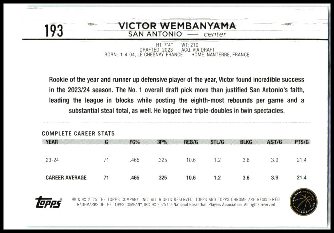 2024-25 Topps Chrome Pink Refractor #193 Victor Wembanyama San Antonio Spurs