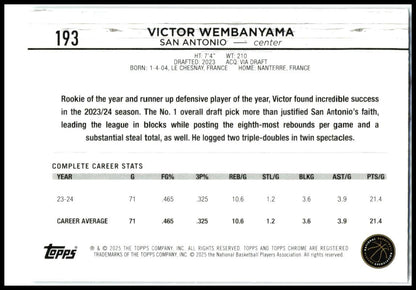 2024-25 Topps Chrome Pink Refractor #193 Victor Wembanyama San Antonio Spurs
