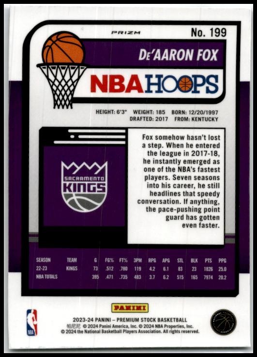 2023-24 NBA Hoops Premium Stock Cracked Ice #199 De'Aaron Fox Kings