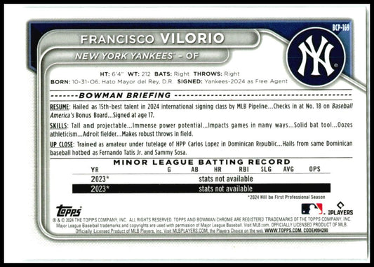 2024 Bowman Chrome Prospects Mojo Refractors #BCP-169 Francisco Vilorio Yankees