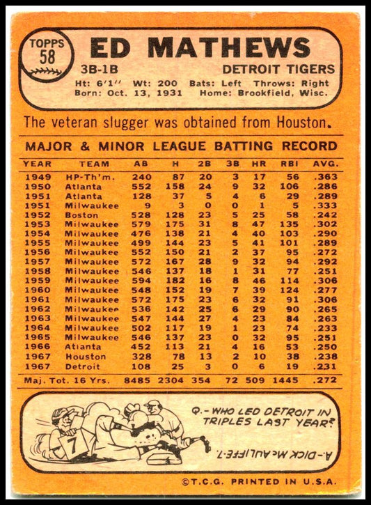 1968 Topps #58 Ed Mathews Detroit Tigers