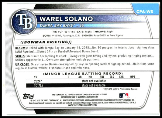 2025 Bowman Chrome Gold Mini Diamond /50 #CPA-WS Warel Solano Auto Rays