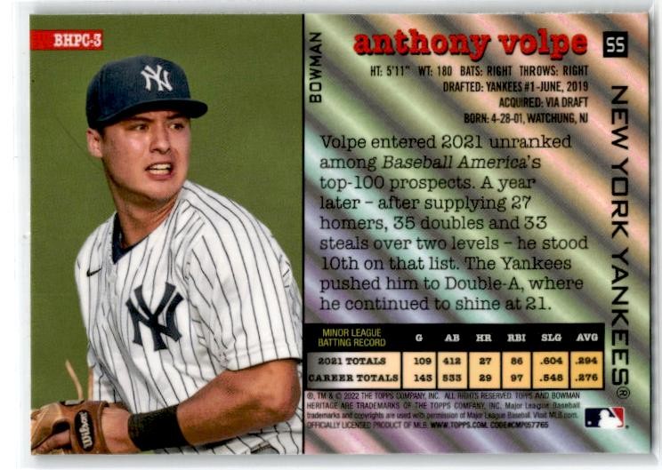 2022 Bowman Heritage Chrome Prospects #BHPC-3 Anthony Volpe New York Yankees