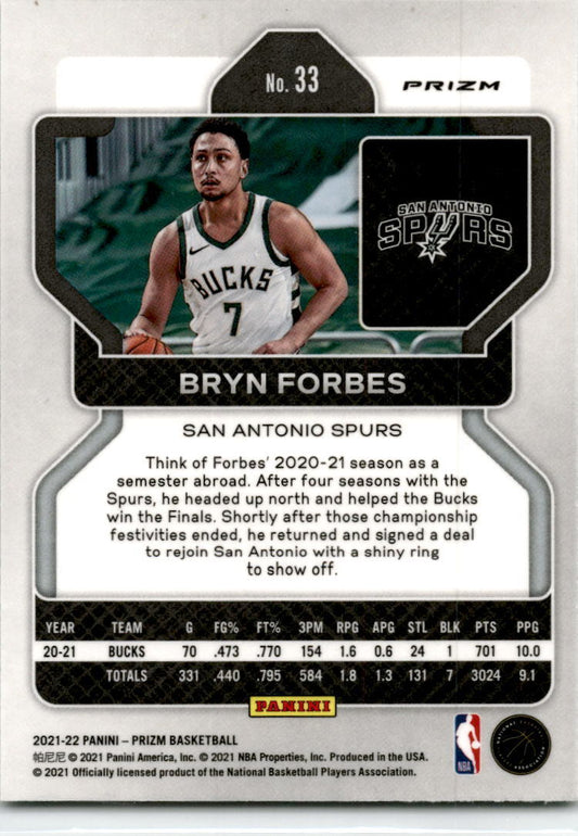 2021-22 Panini Prizm Green #33 Bryn Forbes San Antonio Spurs
