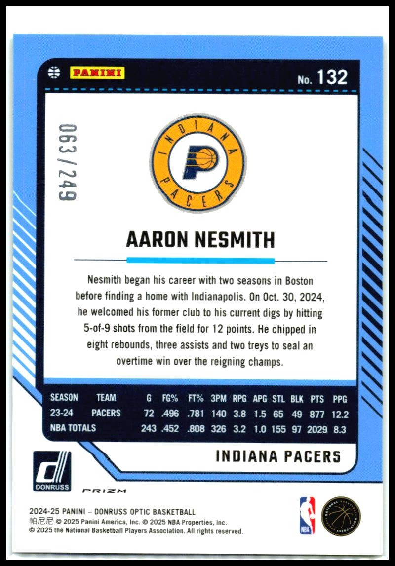 2024-25 Donruss Optic Hyper Green #132 Aaron Nesmith #/249 Indiana Pacers