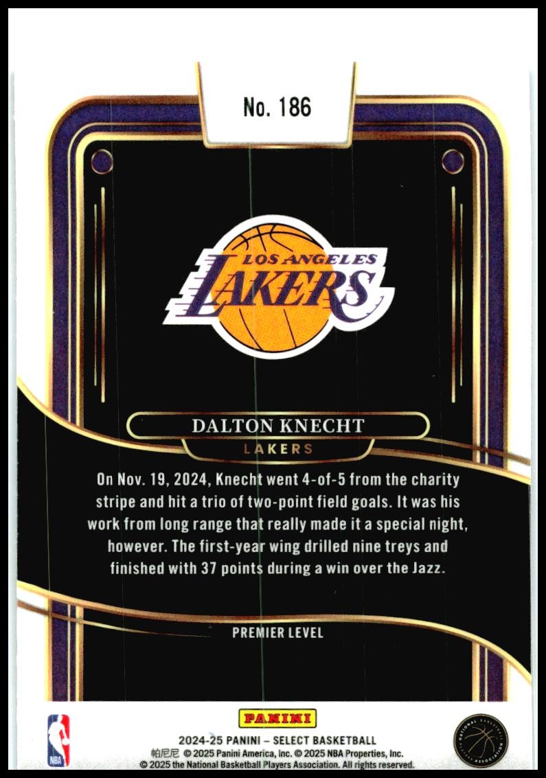 2024-25 Panini Select Blue #186 Dalton Knecht Rookie Los Angeles Lakers
