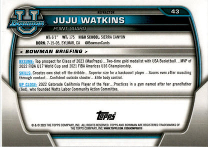 2022-23 Bowman University Chrome Refractor #43 JuJu Watkins USC Trojans