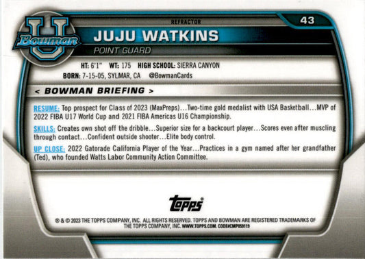 2022-23 Bowman University Chrome Refractor #43 JuJu Watkins USC Trojans
