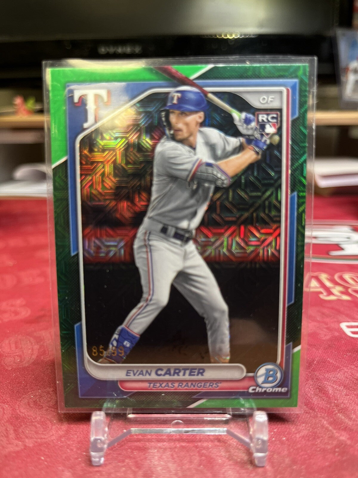 2024 Bowman Chrome Green Mojo 65 Evan Carter Rookie #/99 Texas Ranger