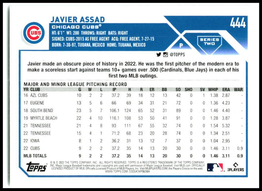 2023 Topps Advanced Stats #444 Javier Assad Rookie #/300 Chicago Cubs