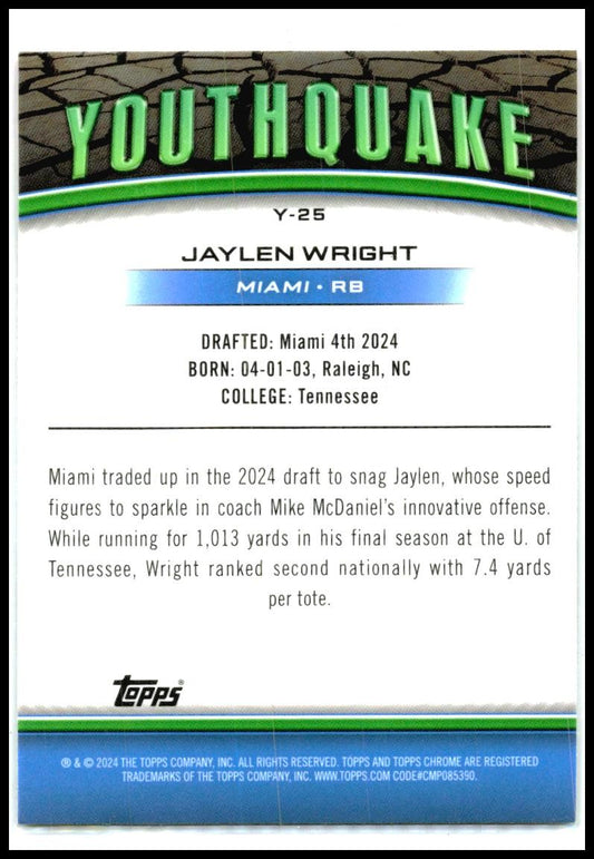 2024 Topps Chrome Youthquake Pink Refractor #Y-25 Jaylen Wright Miami Dolphins