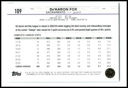 2024-25 Topps Chrome Blue Basketball Refractor #109 De'Aaron Fox Kings