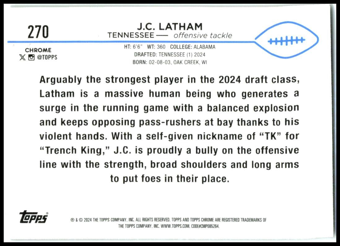 2024 Topps Chrome #270 J.C. Latham Rookie Tennessee Titans