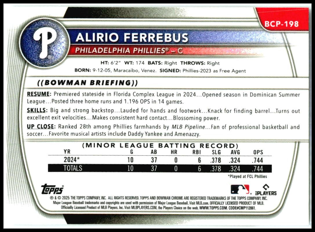 2025 Bowman Chrome #BCP-198 Alirio Ferrebus Phillies