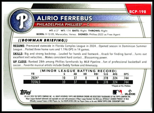 2025 Bowman Chrome #BCP-198 Alirio Ferrebus Phillies