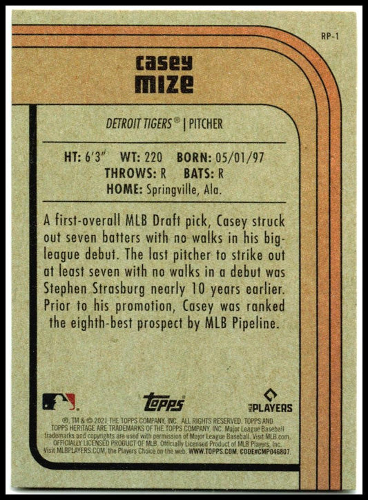 2021 Topps Heritage Rookie Performers #RP-1 Casey Mize Detroit Tigers