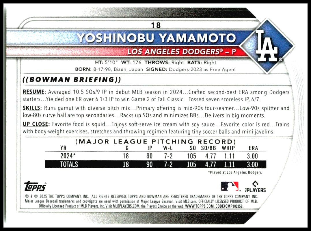 2025 Bowman #18 Yoshinobu Yamamoto Los Angeles Dodgers