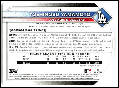 2025 Bowman #18 Yoshinobu Yamamoto Los Angeles Dodgers