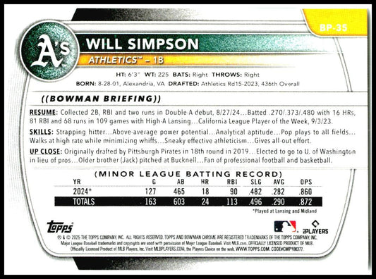 2025 Bowman Prospects #BP-35 Will Simpson Athletics