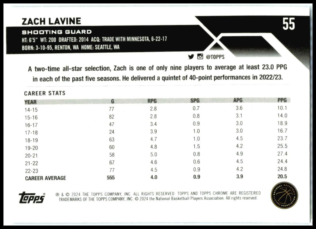 2023-24 Topps Chrome #55 Zach LaVine Chicago Bulls