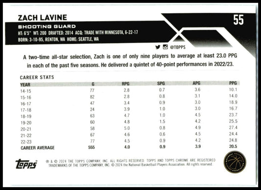 2023-24 Topps Chrome #55 Zach LaVine Chicago Bulls