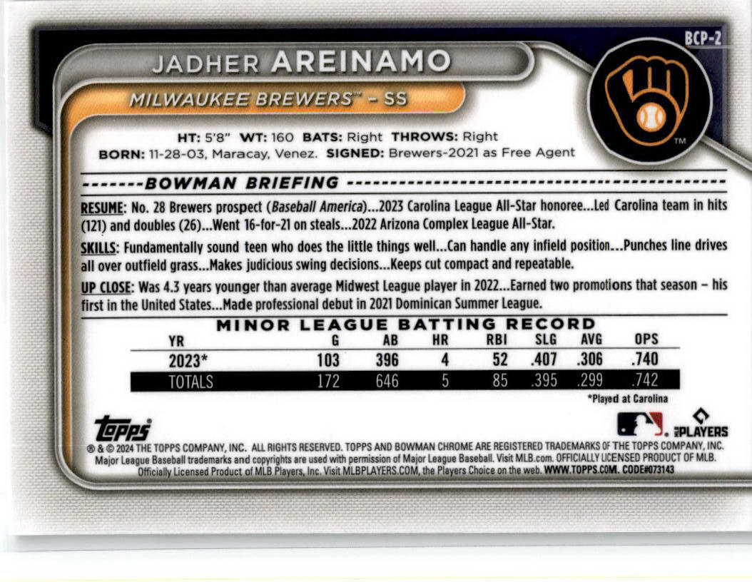 2024 Bowman Chrome Prospects #BCP-2 Jadher Areinamo Milwaukee Brewers