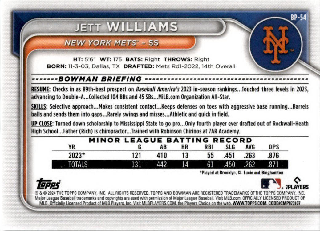 2024 Bowman #BP-54 Jett Williams