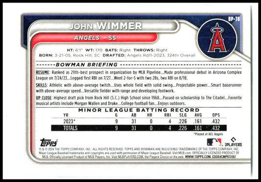 2024 Bowman #BP-78 John Wimmer Los Angeles Angels
