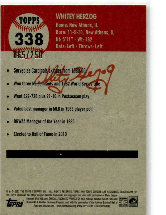 2022 Topps Chrome Platinum Anniversary Yellow RayWave #338 Whitey Herzog /250