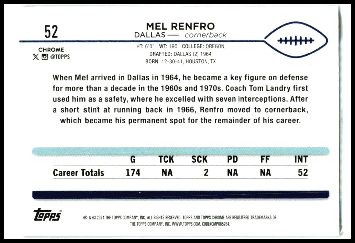 2024 Topps Chrome Sepia Refractor #52 Mel Renfro Dallas Cowboys