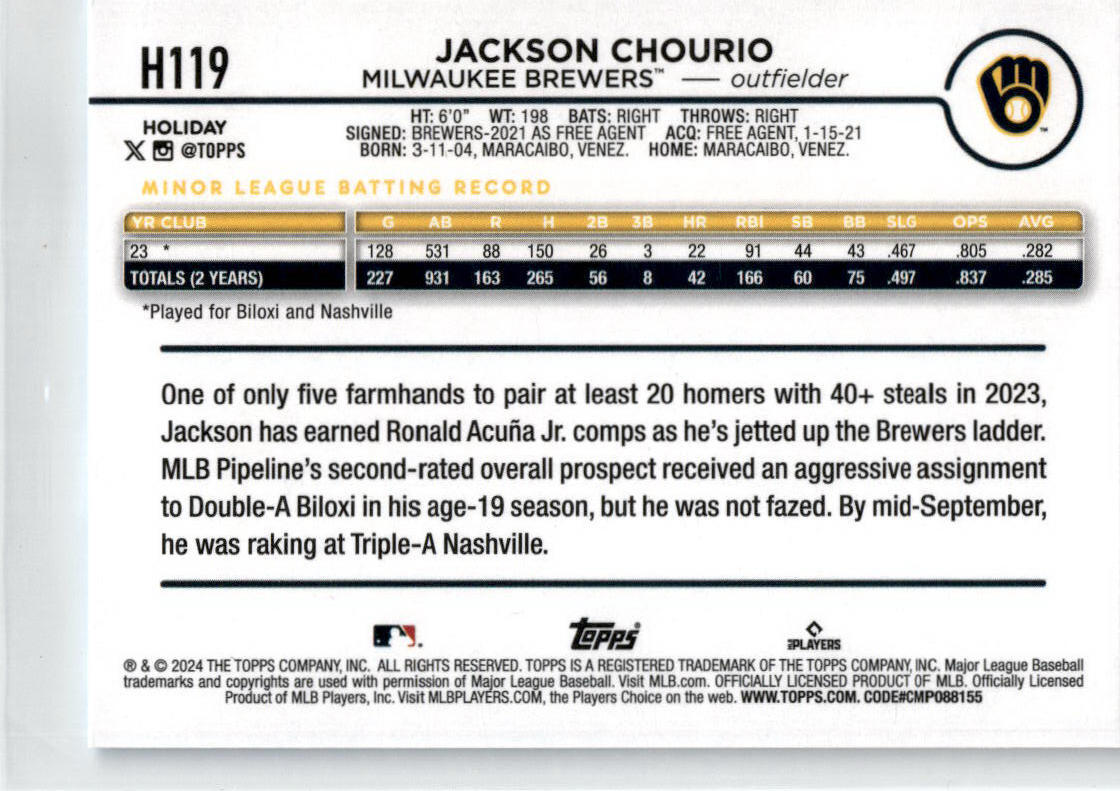 2024 Topps Holliday Elf Hat #H119 Jackson Chourio Milwaukee Brewers